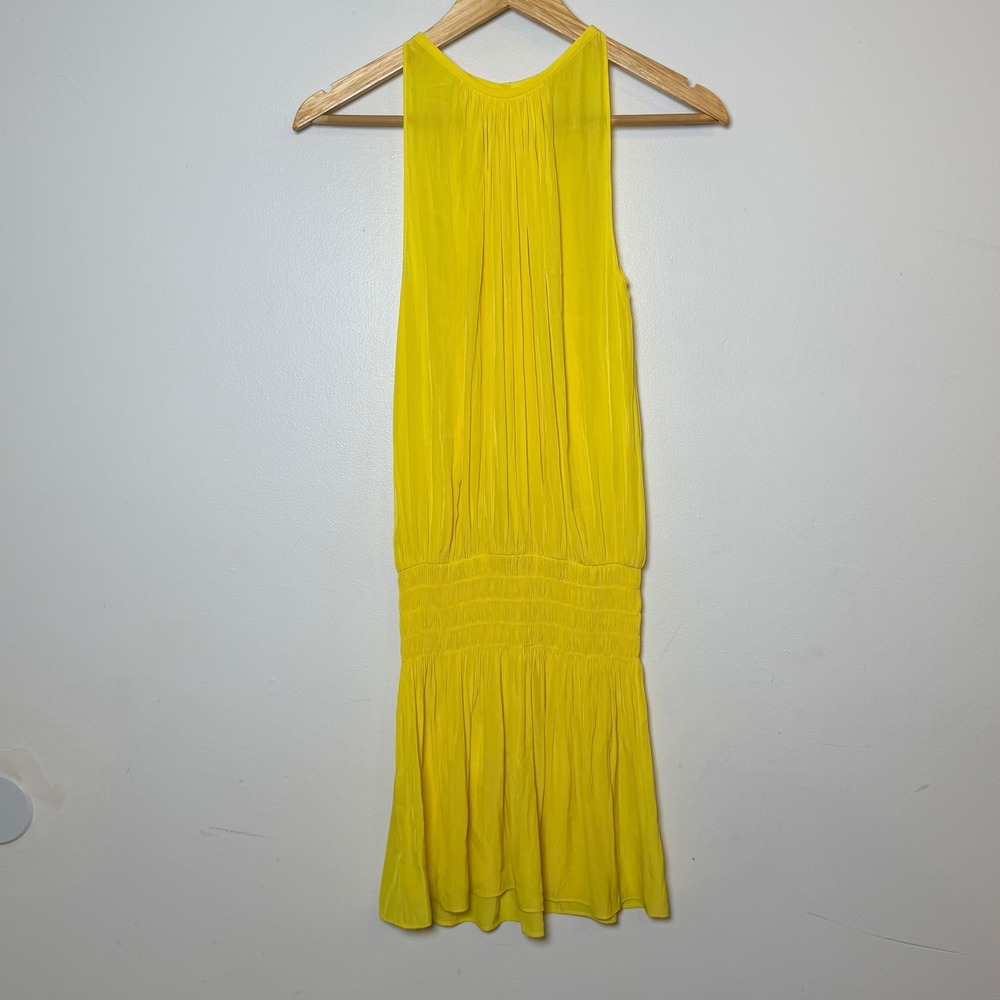 Ramy Brook Paris Bright Lemon Yellow Pleated Smocked Drop Waist Mini Dress XS